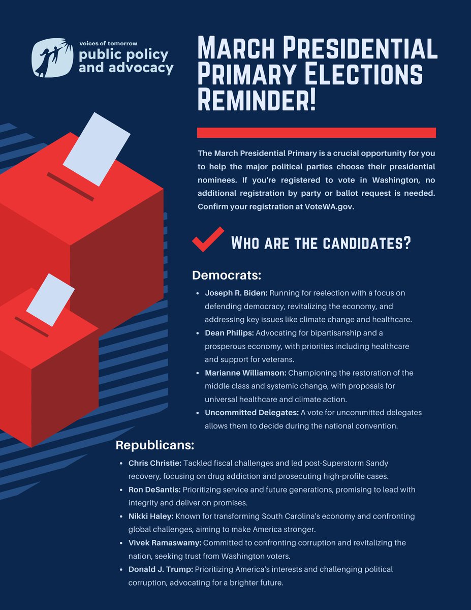 🗳️ Don't forget to make your voice heard! 📢 March primary presidential elections are just around the corner. It's your chance to shape the future of our community and democracy. Mark your calendars, research your candidates, and be ready to vote! Every vote counts.