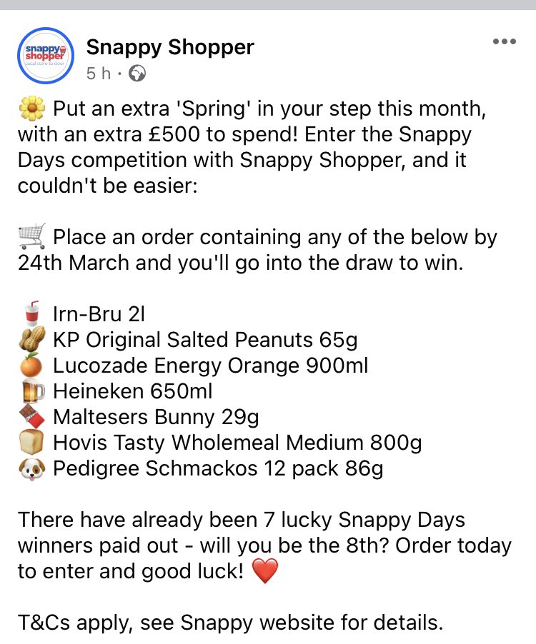 Win £500 !! @SnappyShopperUK credit when you buy participating products in our Snappy Days! #delivery #retailmedia #snappydays