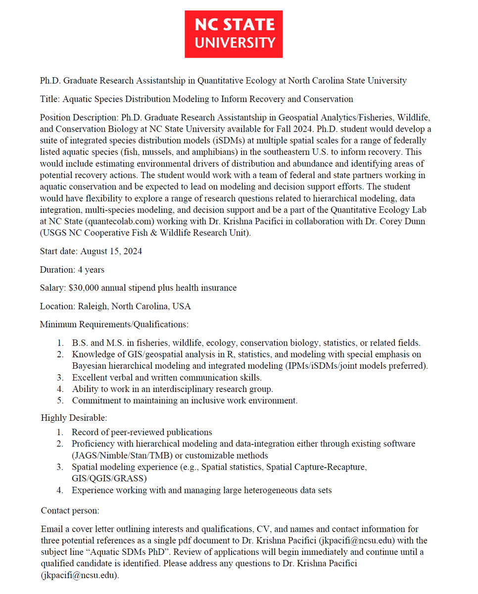 Quantitative PhD opportunity alert! -- Dr. Krishna Pacifici (primary adviser) & I are recruiting a PhD student to develop Species Distribution Models to support recovery planning of Threatened or Endangered freshwater species in North Carolina 🦎🐟🐠🐚