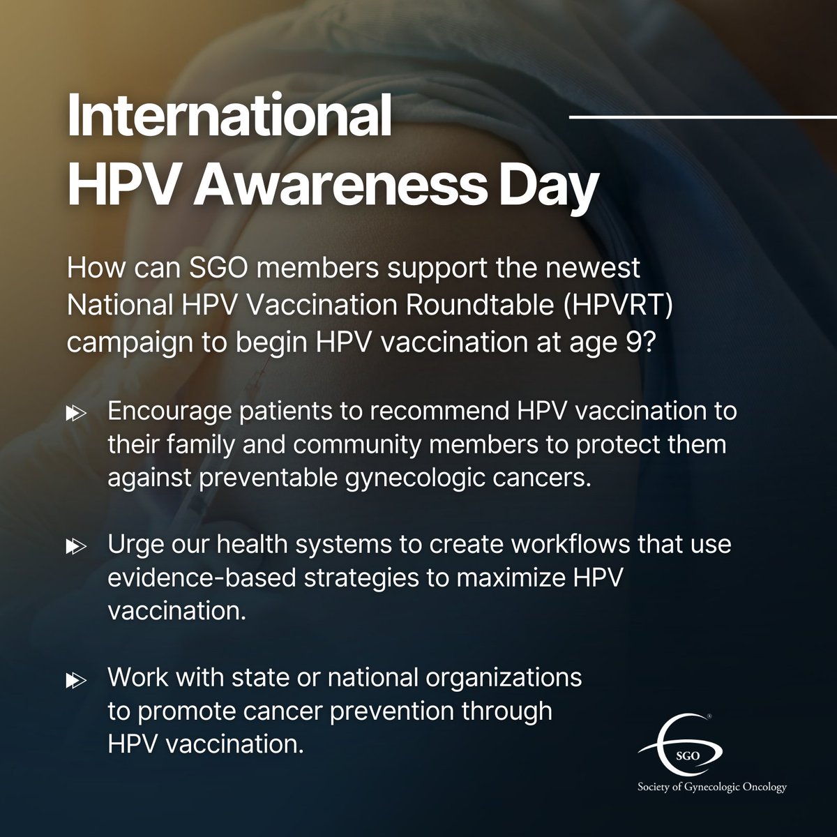 SGO_org's tweet photo. "As gynecologic oncologists and specialists in related fields, we know the best way to improve survival is to prevent HPV-associated cancers entirely," said Deanna Teoh, MD, recently elected chair of the SGO Cervical Cancer Taskforce.

#InternationalHPVAwarenessDay https://t.co/Eou8NpWjyA