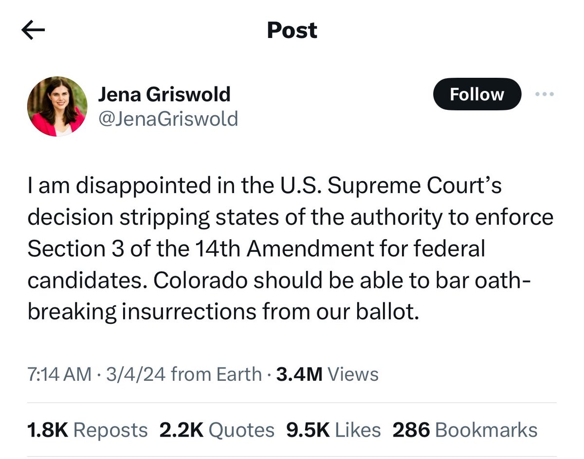 Colorado Secretary of State Griswold is portrayed by the media as neutral and impartial and even after  a 9-0 Supreme Court smack down this is her tweet. Radical leftist who is willing to overrun democracy for her “values”