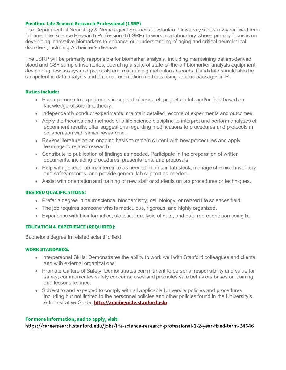 Ted Wilson (@edwardwilsoniii) on Twitter photo 📣Please RT! Our lab <a href="/Stanford_Neuro/">Stanford Neurology & Neurological Sciences</a> has an immediate opening for a full-time Research Assistant studying biomarkers of neurodegenerative disease!
🔬🩸🥼
Fun & supportive training environment with fantastic colleagues!
For more info & to apply visit:
careersearch.stanford.edu/jobs/life-scie… 📣Please RT! Our lab <a href="/Stanford_Neuro/">Stanford Neurology & Neurological Sciences</a> has an immediate opening for a full-time Research Assistant studying biomarkers of neurodegenerative disease!
🔬🩸🥼
Fun & supportive training environment with fantastic colleagues!
For more info & to apply visit:
careersearch.stanford.edu/jobs/life-scie…
