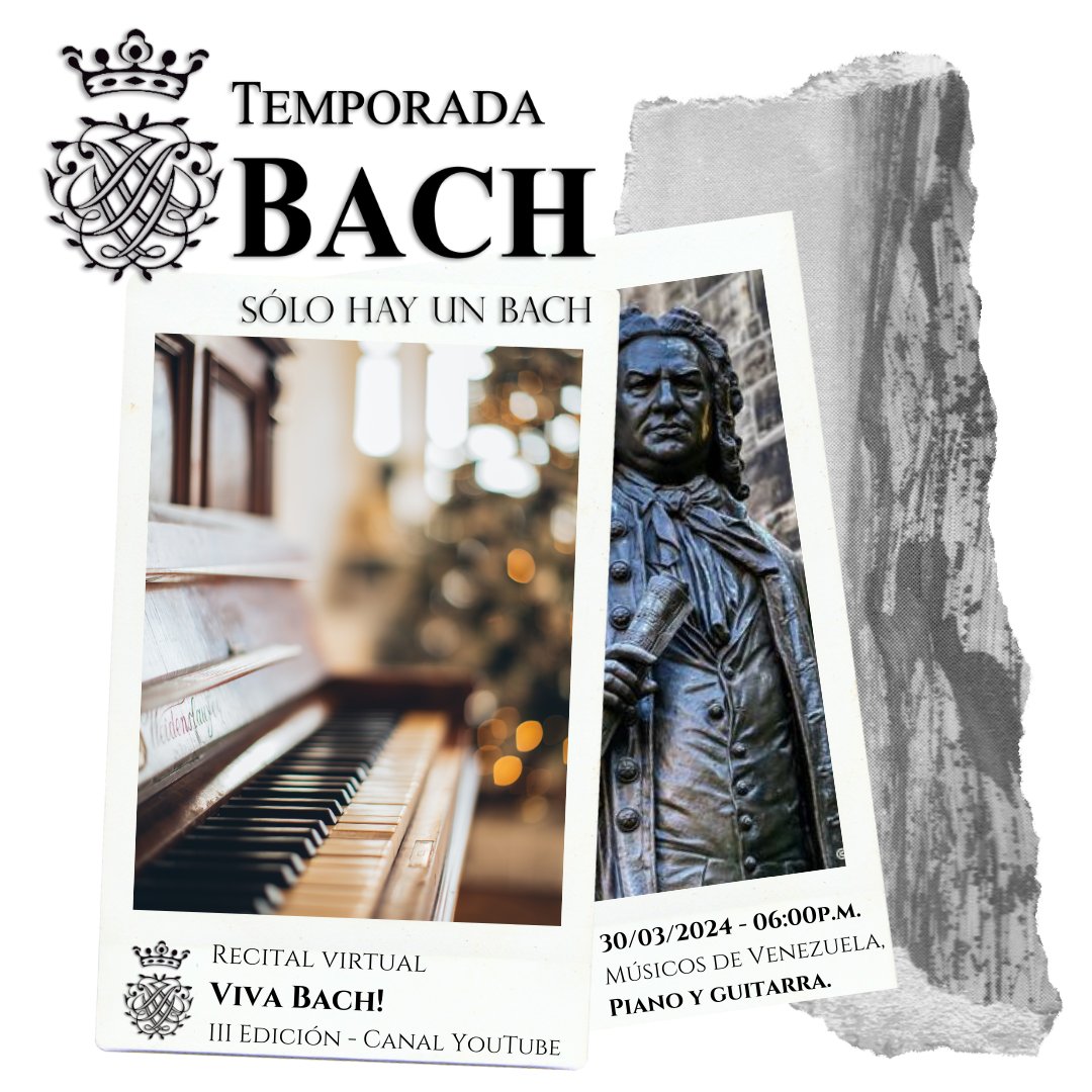 30 de marzo 2024 - 06:00p.m.

Recital virtual "Viva #Bach!", canal YouTube,

Con la participación especial del guitarrista ALEJANDRO TAPIA y los pianistas NATALIA ACOSTA FRUGONI, COROMOTO RAMÍREZ, LUIS MÁRMOL, todos artistas venezolanos e invitados especiales a la Temporada.
