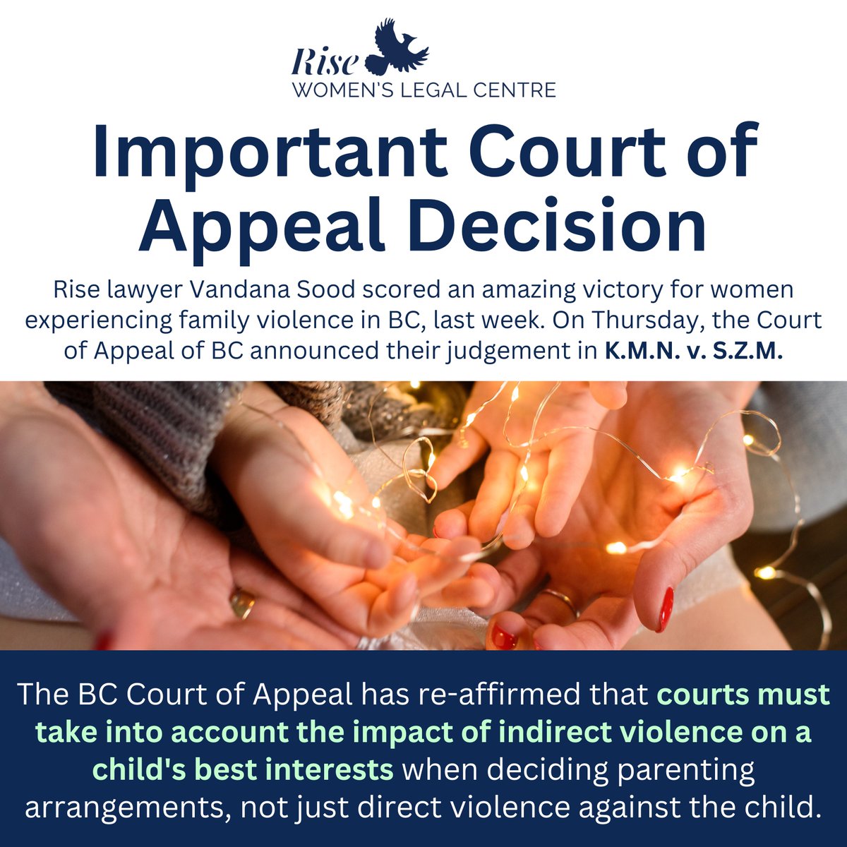 Important Court of Appeal Decision! Rise lawyer Vandana Sood scored an amazing victory for women experiencing family violence in BC, last week. On Thursday, the Court of Appeal of BC announced their judgement in K.M.N. v. S.Z.M. womenslegalcentre.ca/court-of-appea…