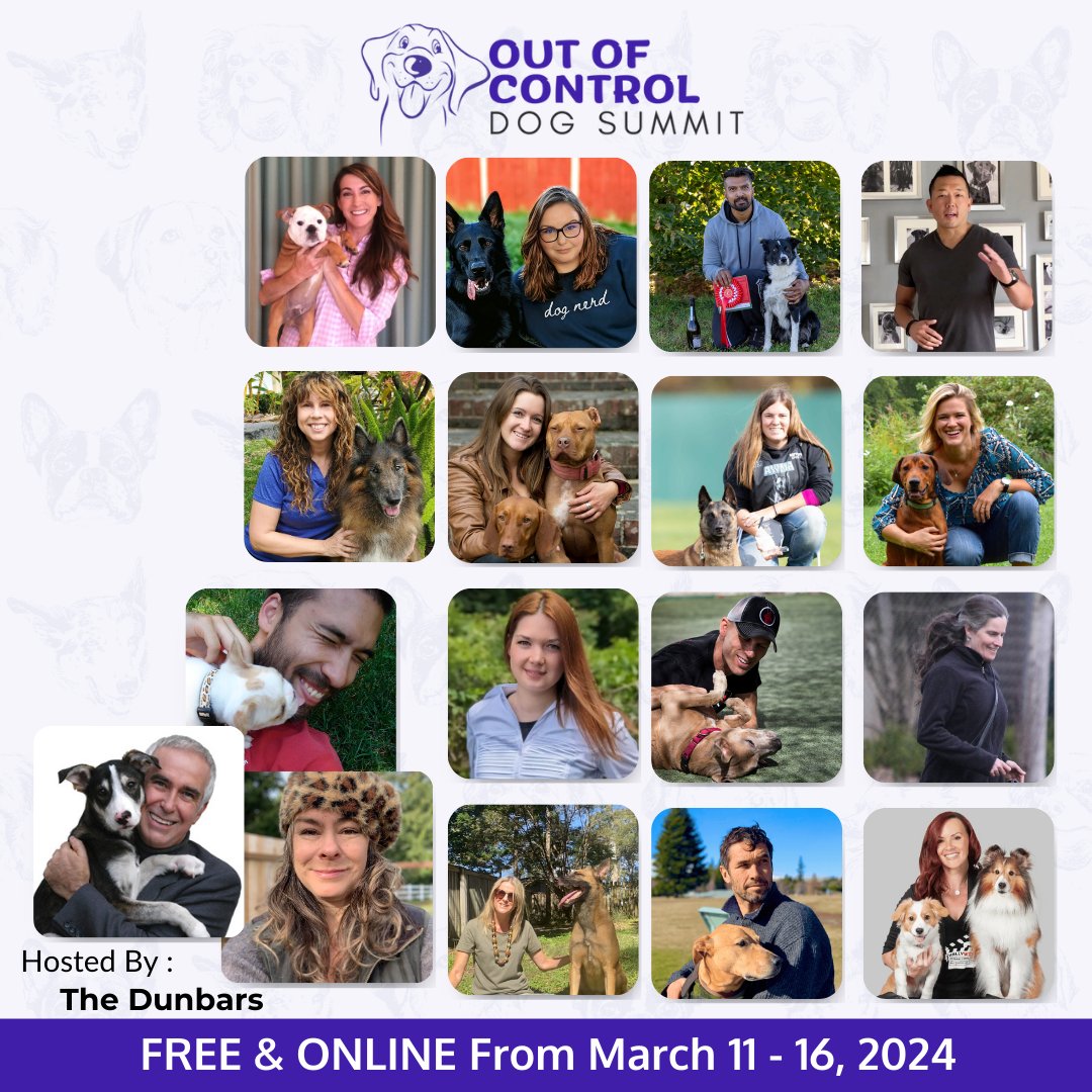 The Out of Control Dog Summit is Back! Join us now, for FREE: dunbar.info/control2024 

This summit includes video presentations from an all-star cast of our favorite dog trainers and will provide you with the tips and techniques you need to calm your dog and regain control.