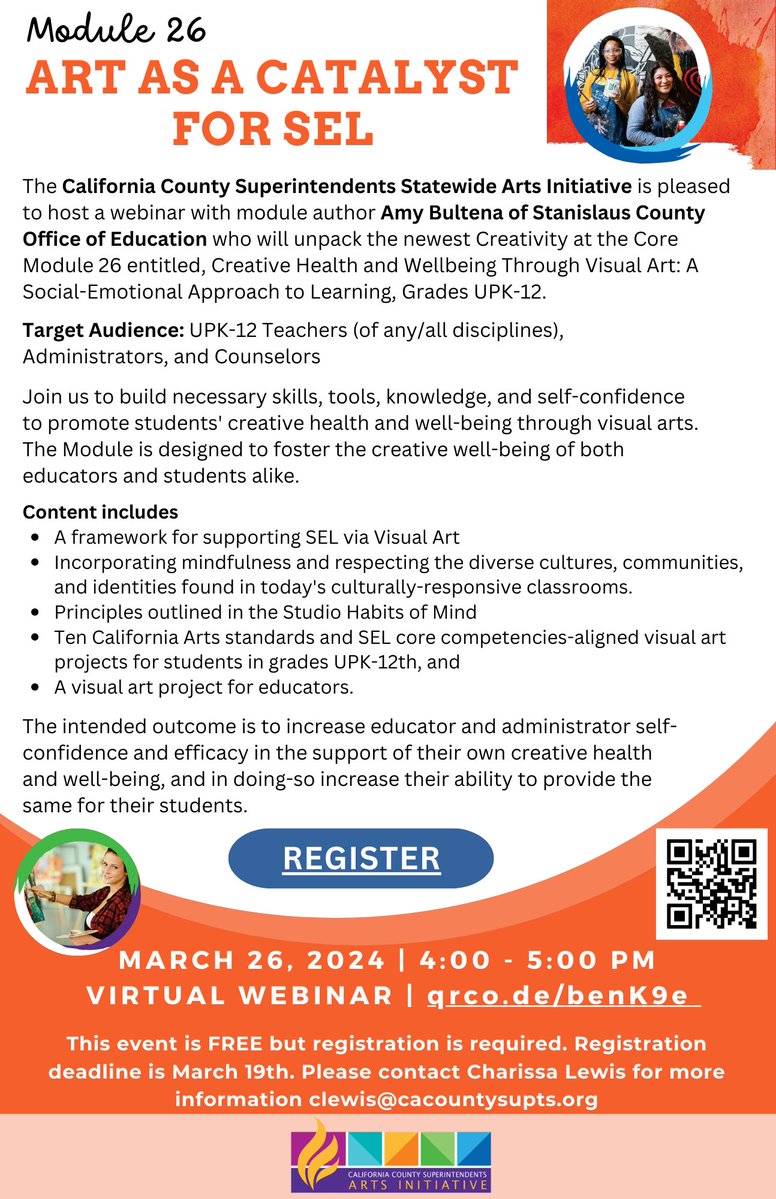Join us and
@artfulartsyamy 
in this virtual webinar focused on the Arts Initiative’s newest professional learning module Creative Health and Wellbeing Through Visual Art: A Social-Emotional Approach to Learning. Register here: qrco.de/benK9e