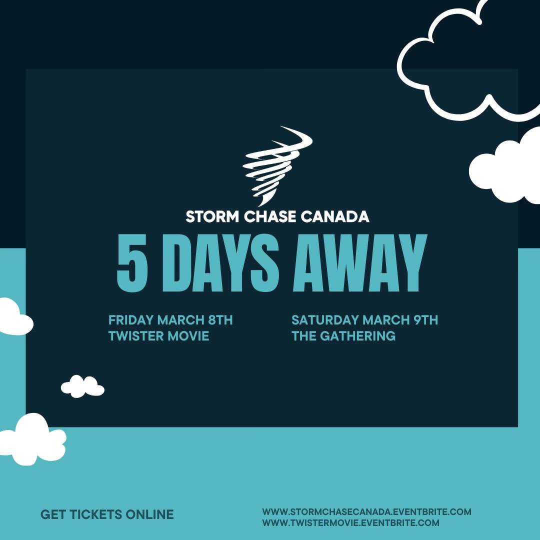 5 DAYS AWAY! Calling all storm chasers and weather enthusiasts!  Don't miss these great events! Share your thrilling weather captures from 2023 at our Storm Chase Canada Show &amp; Tell on March 9th. Email your photos to stormchasecanada@gmail.com