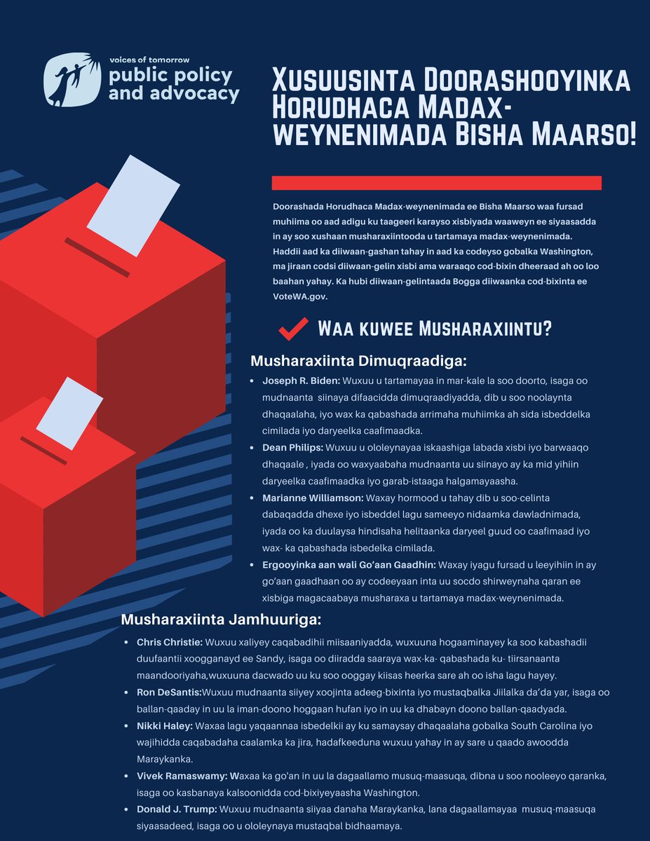 Ha iloobin inaad codkaaga maqasho! 📢 March doorashada madaxtinimo ee hordhaca ah ayaa ku dhow geeska. Waa fursadaada inaad qaabayso mustaqbalka bulshadeena iyo dimuqraadiyadayada. Calaamadee jadwalkaaga, baadh musharrixiintaada, oo diyaar u noqo inaad codayso!