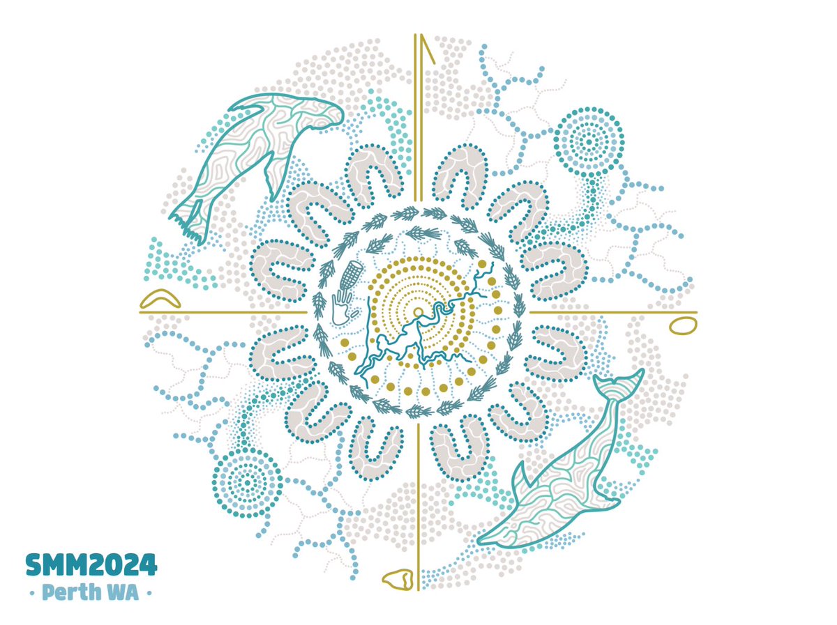 The design of the #PerthSMM2024 logo is based on commissioned artwork by Perth Aboriginal artist Sarah Humphries. Sarah beautifully captured the aquatic realm of Australia’s #marinemammals, along with the conference theme 'Culture and Conservation: Fishing for Change'. #SMM