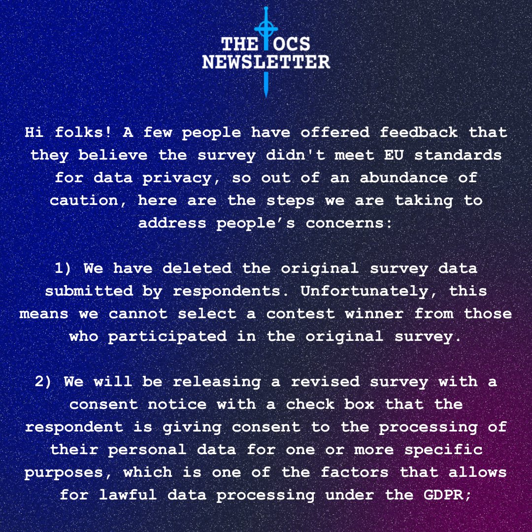 OCSNewsletter's tweet photo. ❗️IMPORTANT UPDATE❗️
Please read this summary for how the con survey and contest have been updated based on feedback about data privacy. The old survey has been deleted and we need your help to fill out the new one.
https://t.co/zdTsr86y4b
#WarriorNun #SaveOurWarriorNun https://t.co/tyn0lA5uMZ