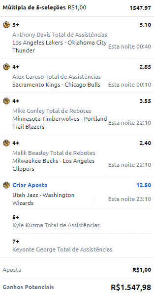 Adicionei 5+ Assistências pro Kuzma nesse bingo aqui.
Odd 1547.97!!! Será que é hoje que a boa vem?? 💸💸

br.betano.com/mybets/4971377…