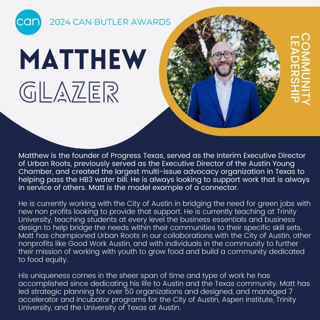Learn more about our 2024 Butler Award winners! Today we highlight the Community Leadership Award winners. The winners are Del Valle Community Coalition, Hearts 2 Heal, and Matthew Glazer. Join us on March 27th to celebrate our award winners! Register at forms.gle/bkDitWk6bAbW2S…