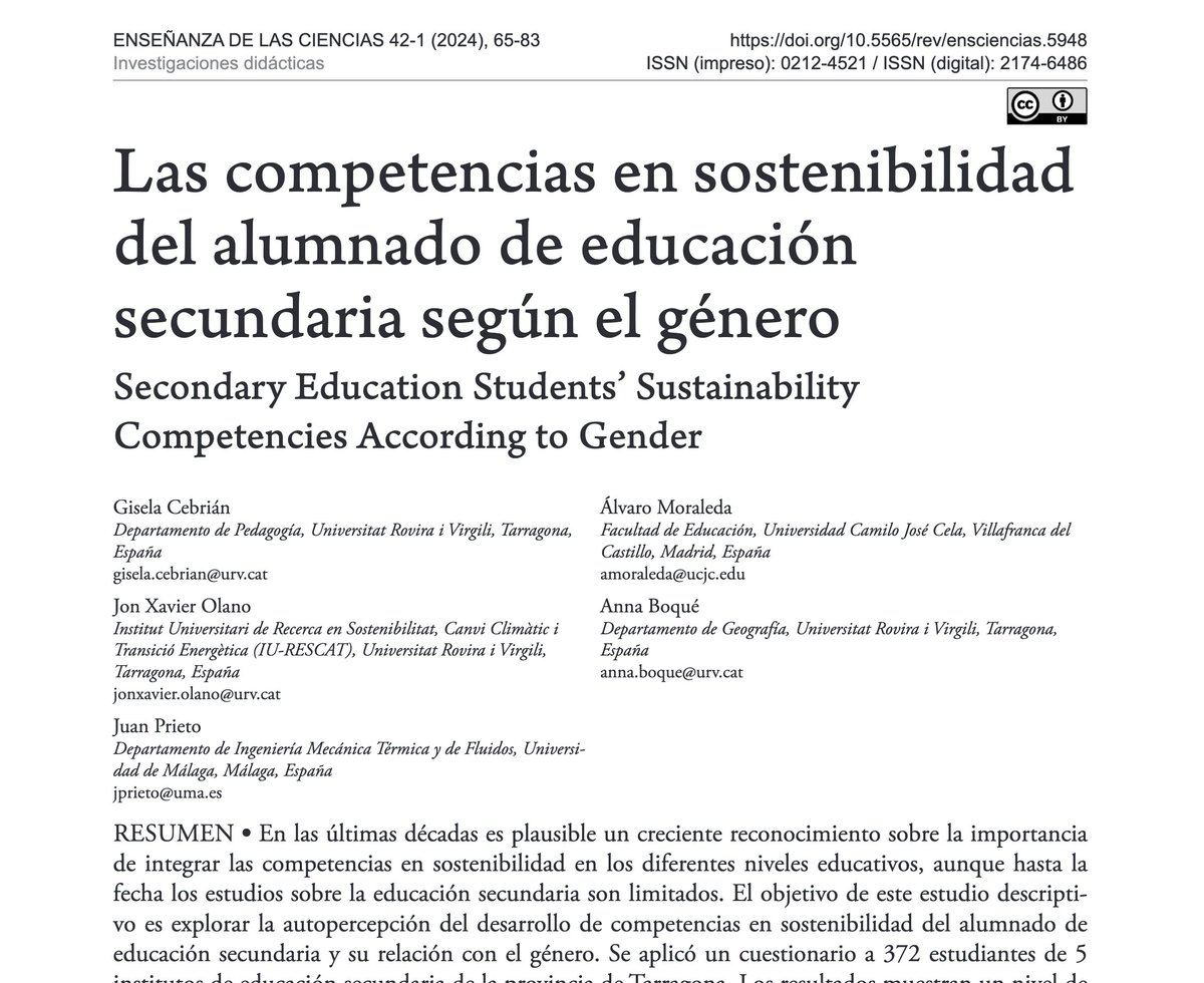 📢Nou article sobre el projecte on hem analitzat les #competències en #sostenibilitat de l'alumnat de secundària segons el gènere. El podeu llegir sencer aquí 👉 ensciencias.uab.cat/article/view/v… @educlimad @EDIT_URV @AnnaBoque @jonolanopozo