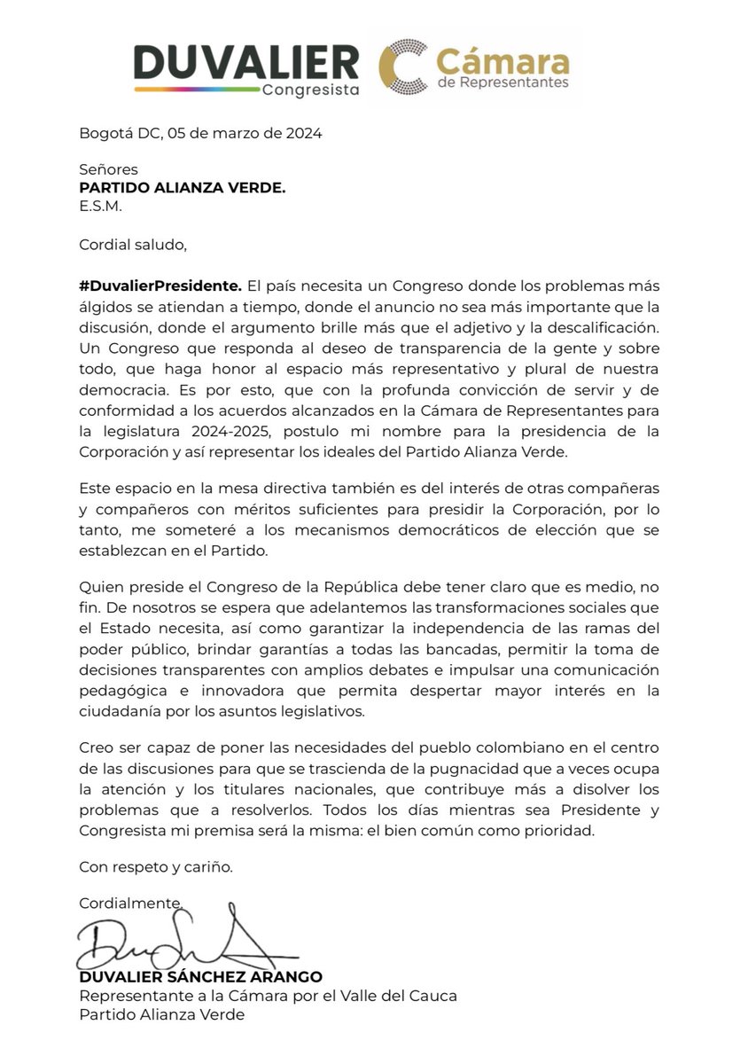 DuvalierSanchez's tweet photo. En reunión de bancada, ante los Senadores y Representantes a la Cámara del @PartidoVerdeCoL, presentaré mi postulación para la presidencia de la Corporación para el periodo 2024-2025.

Esta elección se llevará a cabo el 20 de julio y espero que sea el resultado de un proceso fraterno, democrático, abierto y transparente. 

Haré campaña alegre, innovadora y pedagógica. Hay mucho por mejorar en la casa de la democracia y si mis compañeros están de acuerdo en brindarme el honor y la confianza, estaré a la altura de garantizar los debates que conduzcan a lograr las reformas que el país reclama. 

#DuvalierPresidente