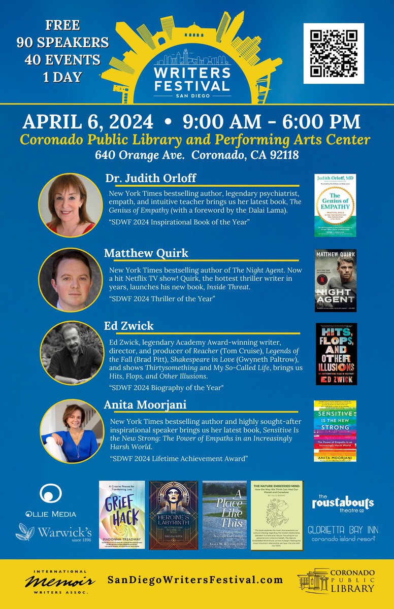 Save the date! April 6th at the Coronado Public Library!  40 events, over 90, speakers, and FREE to attend! #sandiego #sdevents #SanDiego #books