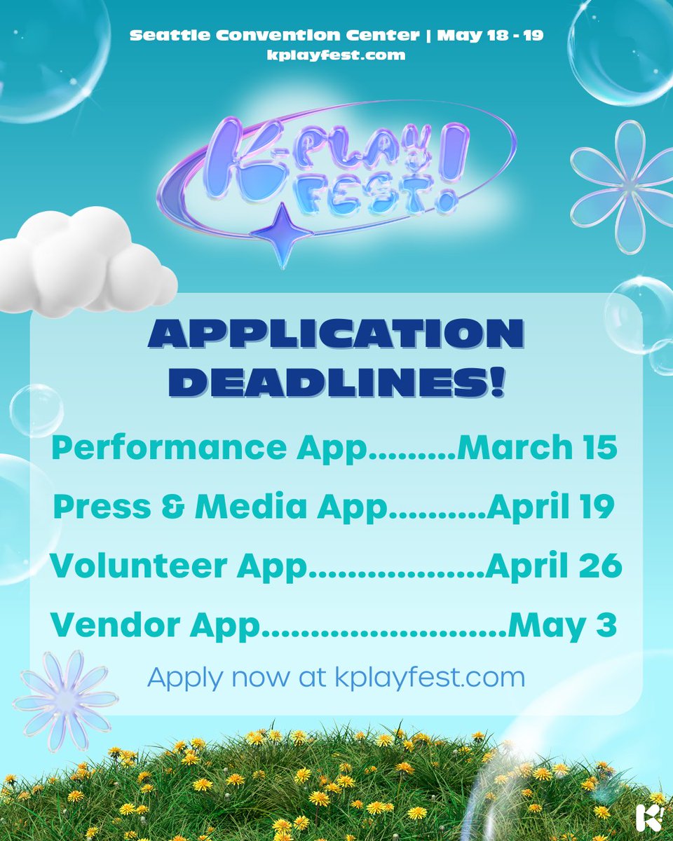 kplayfest's tweet photo. 📢IMPORTANT DEADLINES!📢 Make sure to get your applications in by the posted dates! 📅 We would love to have you at #kplayfestseattle2024! 🏙️
Visit https://t.co/U5NyWr7Omu to apply! ����♀️💨
#kplayfest #forfansbyfans #kpop #kpopevents #kpopfest #kpopfestival #kplayfestseattle2024 https://t.co/LIVcyC9Lhl
