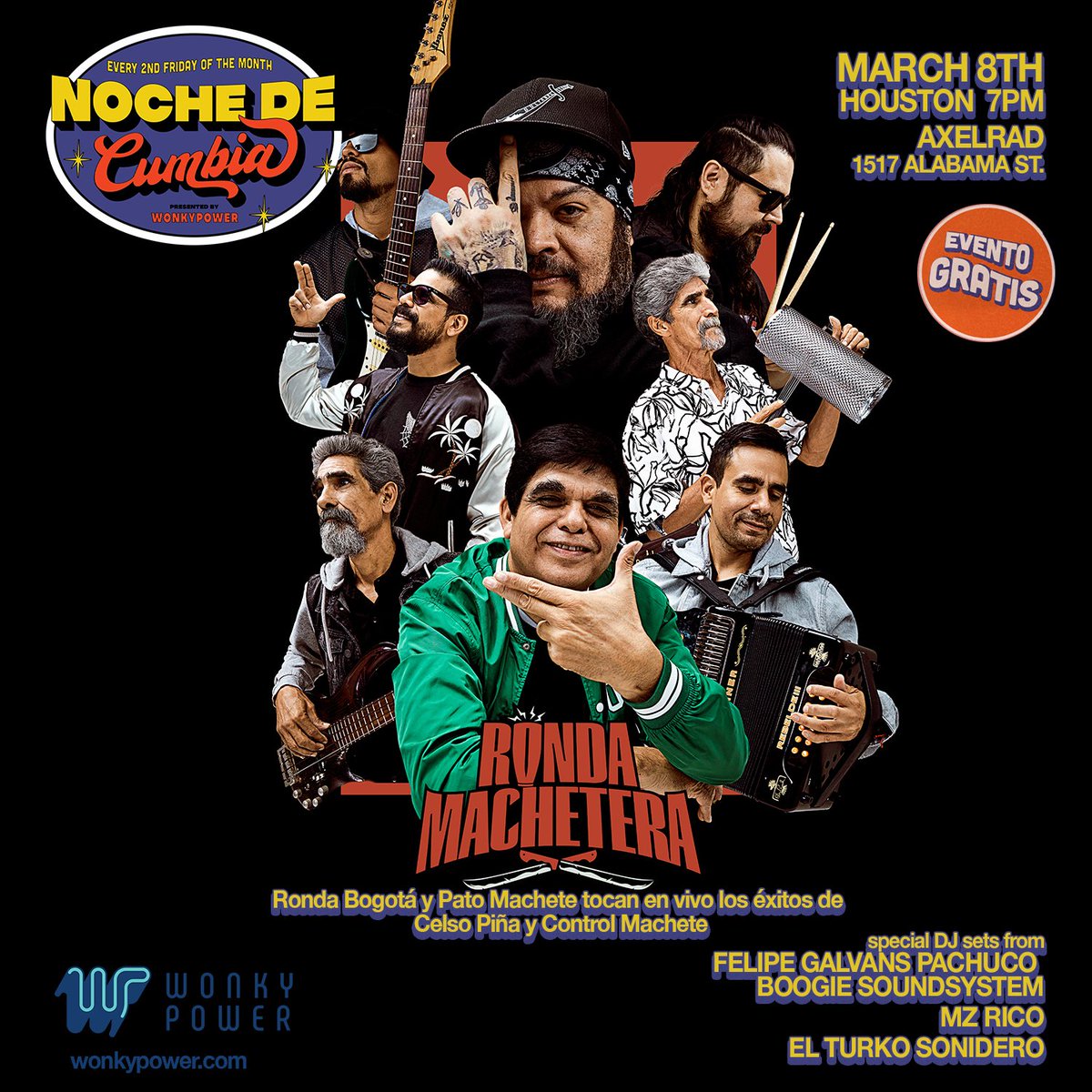 This one will be one of the greatest Cumbia nights in Houston, hands down!! Ronda Machetera arrives this Friday with their legendary sound, and they'll perform classics from Celso Piña and Control Machete. Spread the word now! Live at @axelradhouston Presented by Noche de Cumbia