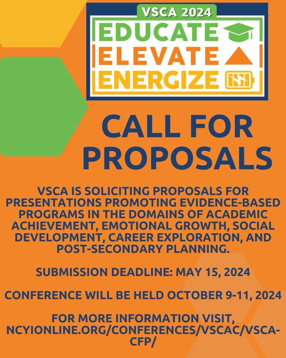 Call for Proposals for the 2024 VSCA Annual Conference begin held October 9-11, 2024.

For more information, visit ncyionline.org/conferences/vs…