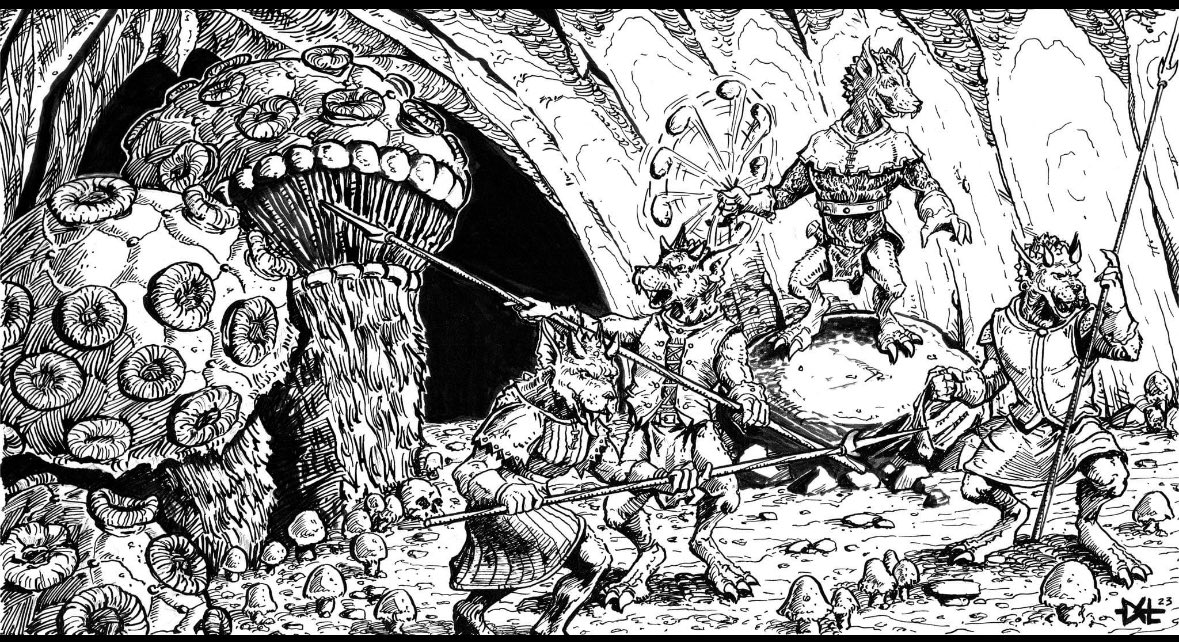 DelTeigeler's tweet photo. “Kobolds & Shriekers”. From the new DUNGEON DELVE module, DDS3 The Mystic Caverns of Enzirion, from @. #artist #dungeons #dragons #rpg #rpgfamily #ttrpg #comic #sword #sorcery #swordandsorcery #darkfantasy #ose #osr #holmesbasic #medieval #osrrpg #dnd #penandink #inking #kobold https://t.co/UUI4LDmAM8