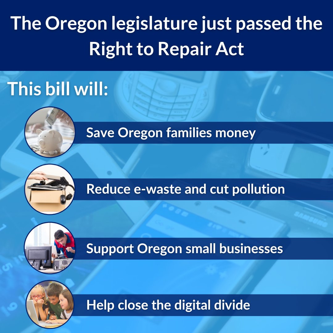 BREAKING: #orleg just passed #RighttoRepair for consumer electronics! This will give Oregonians a chance to keep devices working for longer to reduce waste and cut pollution. It now heads to @GovTinaKotek for her signature. @SollmanJaneen @RepNeronHD26