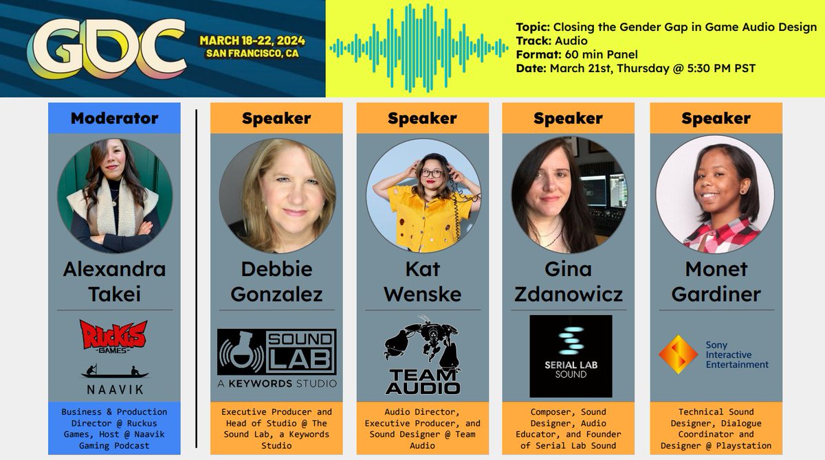 Going to GDC?

Swing by our panel as <a href="/LabKeywords/">Sound Lab a Keywords Studio</a>, <a href="/teamaud_io/">Team Audio</a>, @seriallab, Monet, and <a href="/takeiteazzy/">take iteazy</a> discuss underrepresentation of women in audio.

💪 Positive change happens over time -- let's be part of that change.

lnkd.in/gtBdD3dd