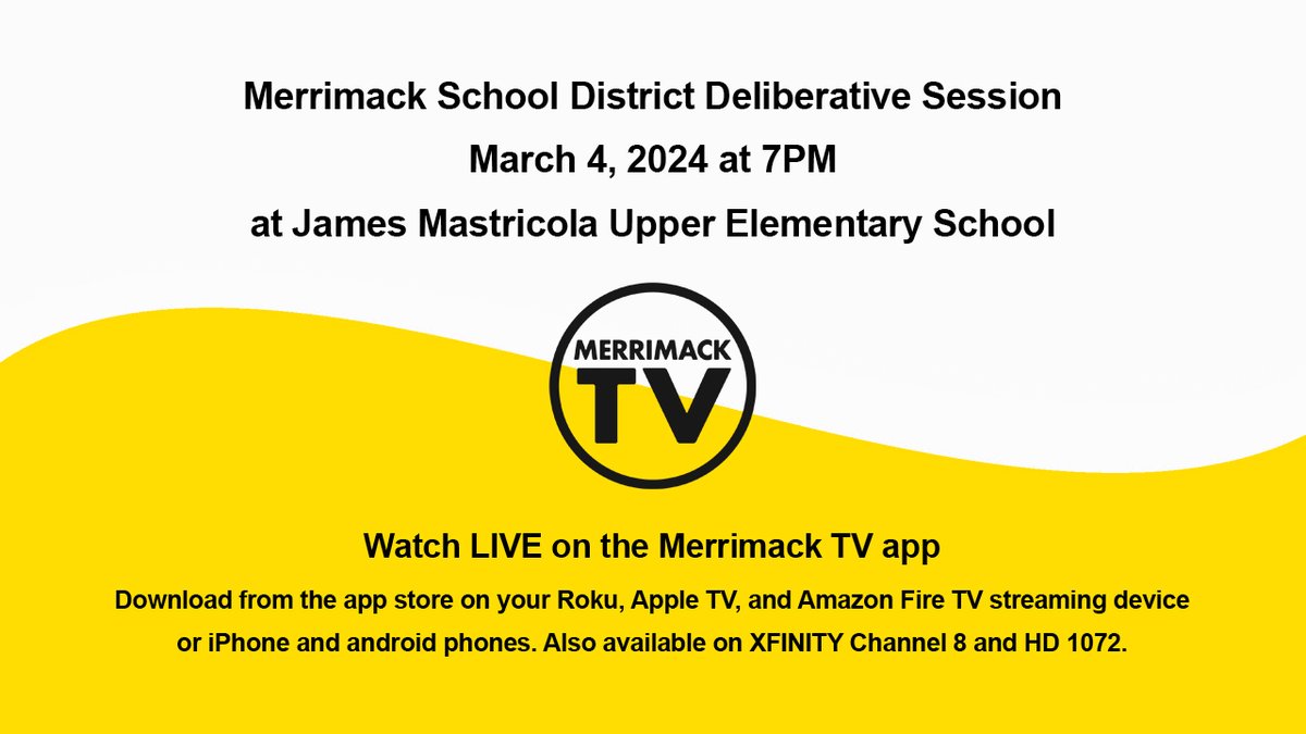 Yes, we'll be LIVE tonight for the School District Deliberative Session as usual.

Watch on the Merrimack TV app or Ch 8 and HD1072.
