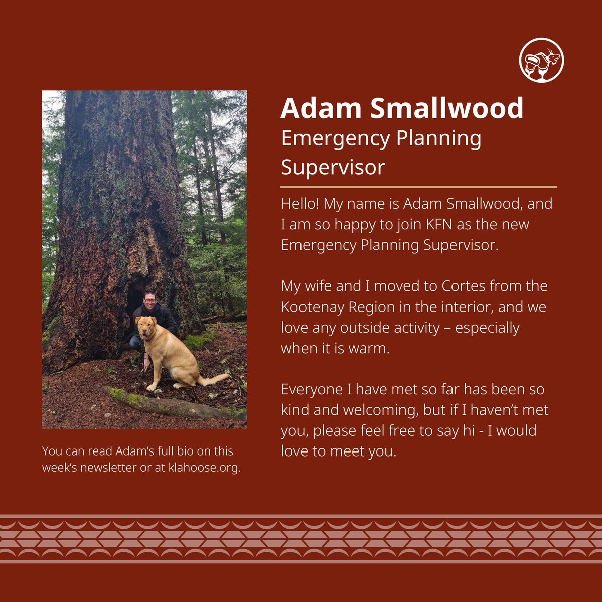 Welcome to the team, Adam!

You can read his full bio at klahoose.org/blog

Want to work at Klahoose, too? We post to our website -  klahoose.org/jobpostings as well as Indeed and LinkedIn.

#KlahooseFirstNation #JobPostings #BCJobs #WelcometoKlahoose