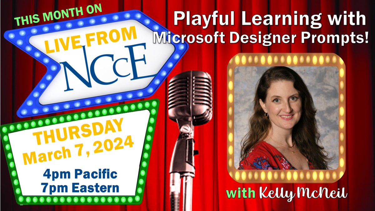 Tammy Dunbar, M.Ed., STEM (@tammydunbar) on Twitter photo Join the energetic & engaging <a href="/eduGamerGal/">Kelly McNeil</a> on #LiveFromNCCE this Thursday, 3/7/2024, for Playful Learning with <a href="/Microsoft/">Microsoft</a> Designer Prompts! Session starts at 4pm Pacific/7pm Eastern. Click here to join the #BestFreeEdTechPD ncce.link/live #IAmNCCE
<a href="/techsavvyteach/">Jason Neiffer (🔪-er) Ed.D.</a> Join the energetic & engaging <a href="/eduGamerGal/">Kelly McNeil</a> on #LiveFromNCCE this Thursday, 3/7/2024, for Playful Learning with <a href="/Microsoft/">Microsoft</a> Designer Prompts! Session starts at 4pm Pacific/7pm Eastern. Click here to join the #BestFreeEdTechPD ncce.link/live #IAmNCCE
<a href="/techsavvyteach/">Jason Neiffer (🔪-er) Ed.D.</a>