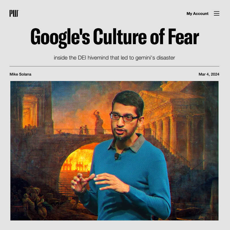 PirateWires's tweet photo. After the Gemini fiasco, new reporting from our sources inside Google describes a broken, hollowed-out culture at Google where HR reigns supreme, and no one wants to speak up for fear of being noticed 👇