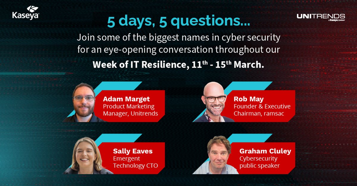 Unitrends's tweet image. 5️⃣ days, 5️⃣ questions...

Unitrends is setting the stage for a masterclass in cyber resilience. Join experts Adam, Rob, Sally &amp;amp; Graham for 5️⃣ days, 5️⃣ questions... starting March 11th. Don’t miss out – stay tuned for the kickoff! 

#WeekOfITResilience #Unitrends #CyberSecurity