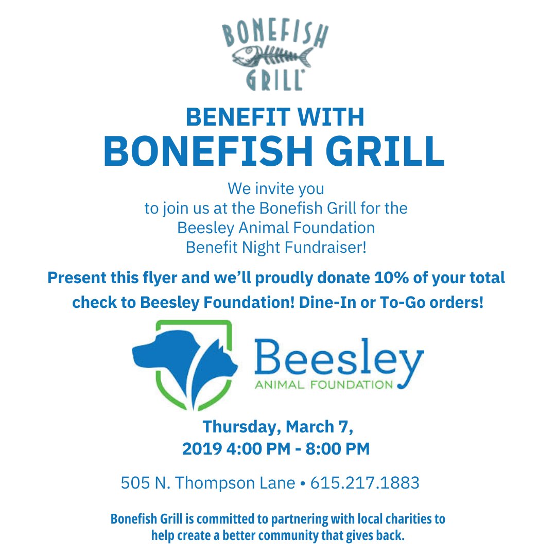 Join us for Bonefish Benefits Beesley THIS Thursday, March 7th from 4:00-8:00 at @BonefishGrill Murfreesboro. #PetWellness #SpayNeuterPlease #BonefishBenefitsBeesley #KindnessRespectResponsibility