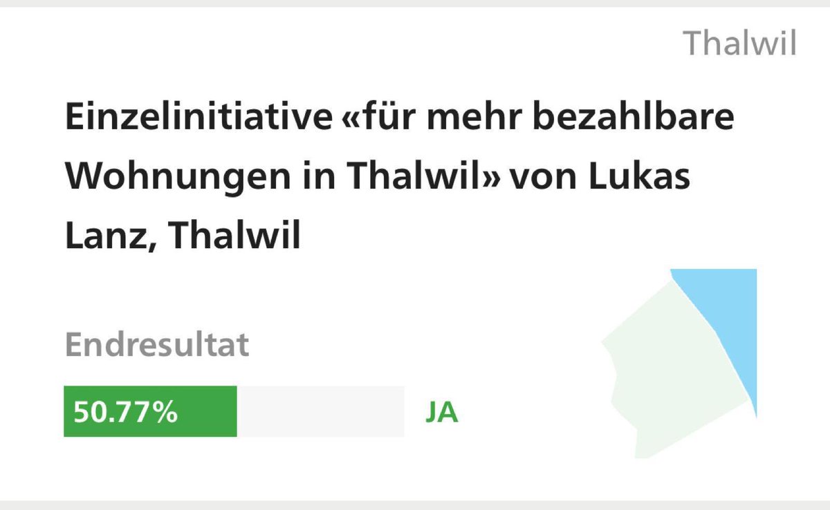 Nach 100ten persönlichen Briefen &amp; Gesprächen ist's geschafft! Thalwil nahm am Sonntag meine Initiative an und schreibt sich in die Verfassung, dass der Anteil gemeinnütziger Wohnungen künftig stetig steigen soll.

Politische Sensationen sind auch im Kleinen möglich...
#spzuerich