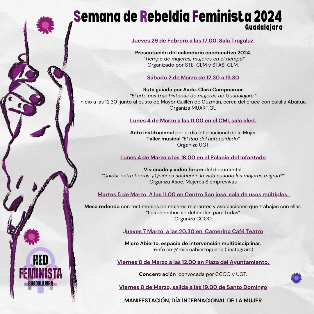 🟣 Este #8M desde <a href="/RedFeministaGU/">Red Feminista de Guadalajara, Ni Un Paso Atrás</a> se convoca manifestación en #Guadalajara, a las 19:00 desde Plaza de Santo Domingo. Además hasta el la manifestación del viernes puedes acudir a diferentes actividades que organizan compas de la Red.