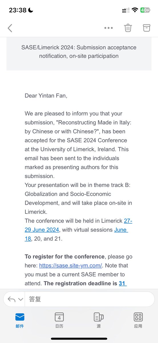 Got accepted to #SASE2024 , one of the best conferences for Economic Sociologists. 
Anyone also gets accepted and plans come to Limerick?

Next step: 🇮🇪 Irish visa. 
Applying for visas seems the lifelong struggle for Chinese passport holders.