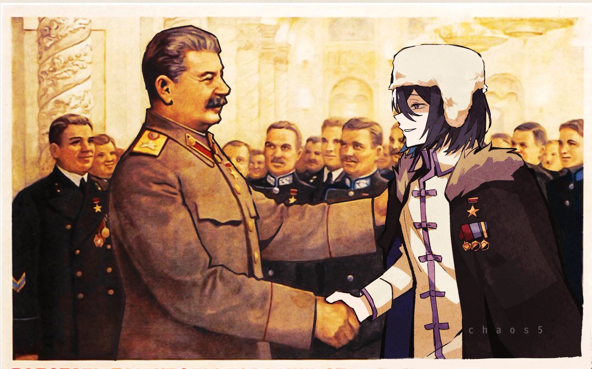 Joseph Stalin shakes the hand of Fyodor Dostoyevsky (1947, colourized, restored)⠀(1340 x 804)