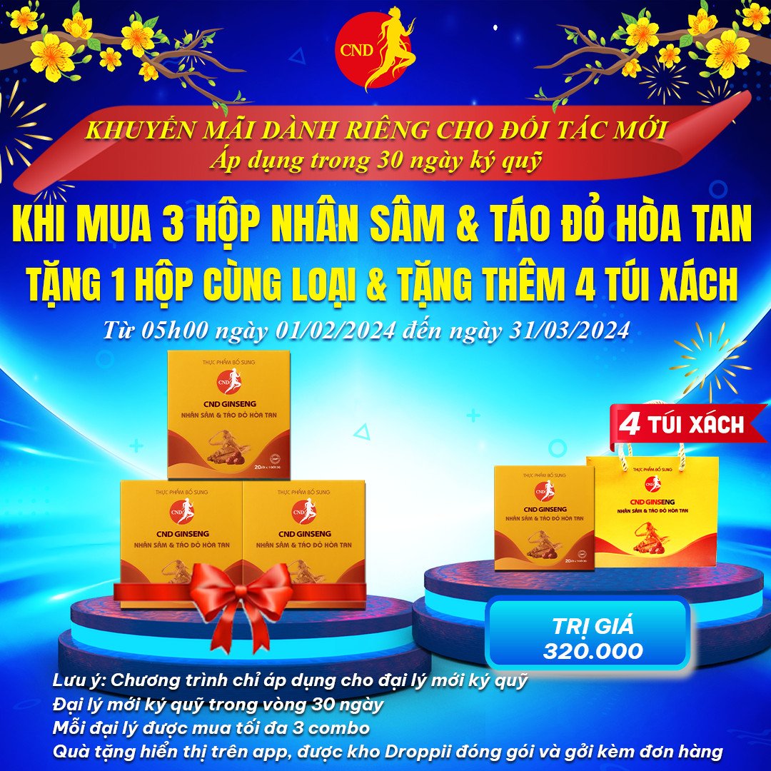 🔥 CHƯƠNG TRÌNH DÀNH RIÊNG CHO ĐỐI TÁC MỚI 🔥
ÁP DỤNG TRONG 30 NGÀY KÝ QUỸ
👉 Chương trình 1: MUA 2 HỘP NHÂN SÂM HÒA TAN 7 GÓI TẶNG 1 HỘP CÙNG LOẠI
/-li Mỗi đối tác được mua tối đa 10 combo
👉 Chương trình 2: MUA 3 HỘP NHÂN SÂM &amp; TÁO ĐỎ HÒA TAN TẶNG 1 HỘP CÙNG