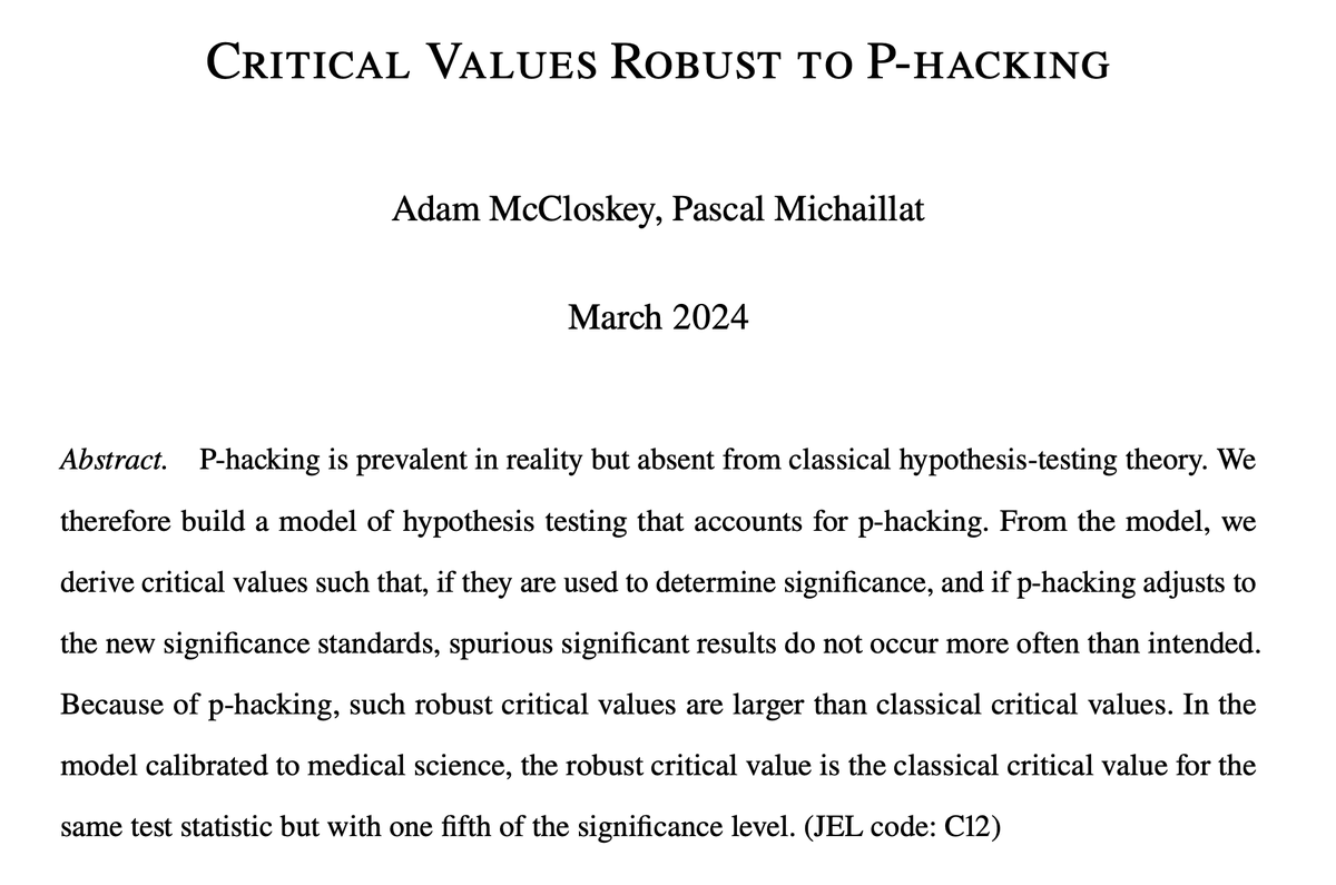 How can we deal with p-hacking? In a paper recently accepted at @restatjournal, we derive critical values that correct the inflated type 1 error rate caused by p-hacking. The paper will come out in print in 2026; meanwhile the final version is online: pascalmichaillat.org/12