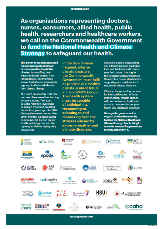 Climate and Health Alliance (@healthy_climate) on Twitter photo 40+ health orgs calling for NHCS funding. Read the full statement 👉 caha.org.au/fund_nhcs
Endorsers (1/4)
<a href="/AsthmaAustralia/">Asthma Australia</a>
<a href="/ASLMLifeMed/">Lifestyle Medicine</a>
<a href="/gerontologyau/">AAG</a>
<a href="/AFMWorgau/">AFMW</a>
<a href="/AHPA_AU/">Australian Health Promotion Association (AHPA)</a>
<a href="/AusHealthcare/">AHHA</a>
<a href="/AIHI_MQ/">Australian Institute of Health Innovation</a>
<a href="/yourAMSA/">AMSA Australia</a>
<a href="/anmf_federal/">ANMF - Australian Nursing Midwifery Federation</a>
<a href="/APodA_National/">Australian Podiatry Association</a>
<a href="/APNAnurses/">APNA</a>
<a href="/AustPsych/">Australian Psychological Society</a> 40+ health orgs calling for NHCS funding. Read the full statement 👉 caha.org.au/fund_nhcs
Endorsers (1/4)
<a href="/AsthmaAustralia/">Asthma Australia</a>
<a href="/ASLMLifeMed/">Lifestyle Medicine</a>
<a href="/gerontologyau/">AAG</a>
<a href="/AFMWorgau/">AFMW</a>
<a href="/AHPA_AU/">Australian Health Promotion Association (AHPA)</a>
<a href="/AusHealthcare/">AHHA</a>
<a href="/AIHI_MQ/">Australian Institute of Health Innovation</a>
<a href="/yourAMSA/">AMSA Australia</a>
<a href="/anmf_federal/">ANMF - Australian Nursing Midwifery Federation</a>
<a href="/APodA_National/">Australian Podiatry Association</a>
<a href="/APNAnurses/">APNA</a>
<a href="/AustPsych/">Australian Psychological Society</a>
