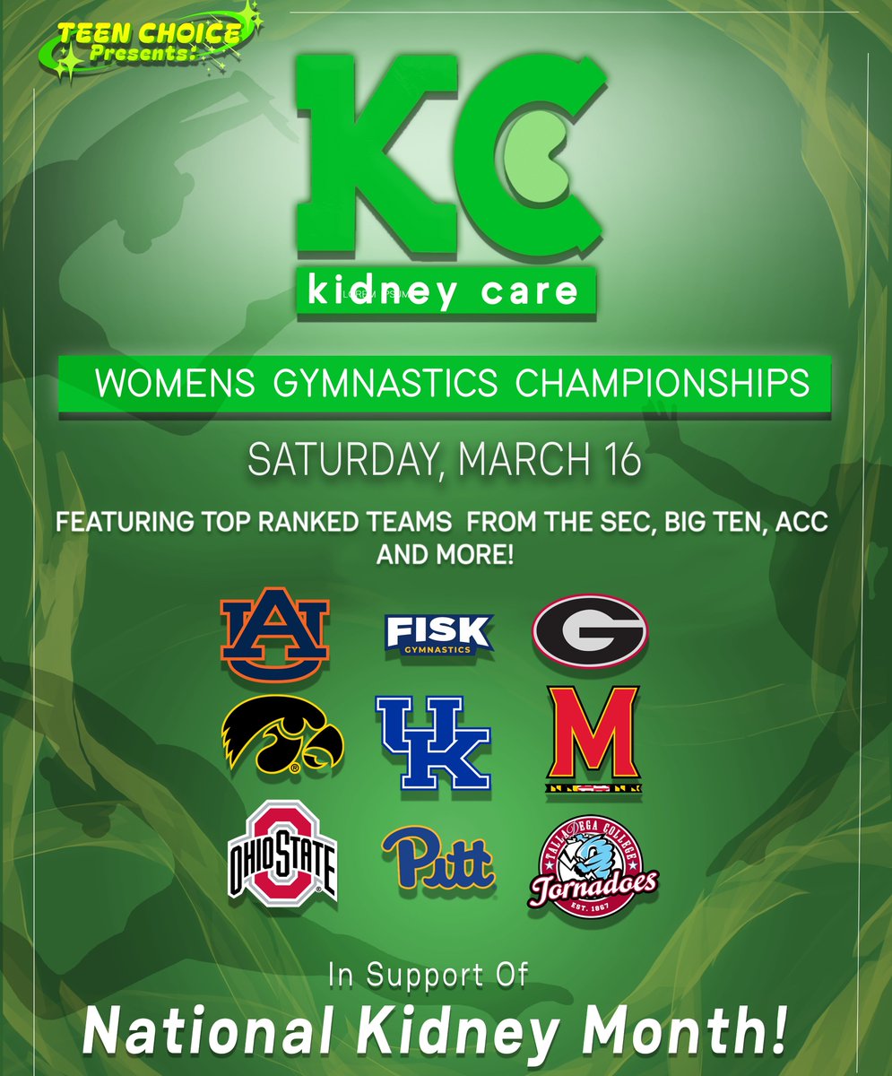 Teen Choice Presents: Kidney Care Women’s Gymnastics Championships will be coming to Nashville on Saturday, March 16 at the Municipal Auditorium! Tickets go on sale TOMORROW at 10AM CST! For more information on the event, please link our bio, or visit kidneycaregymnastics.com