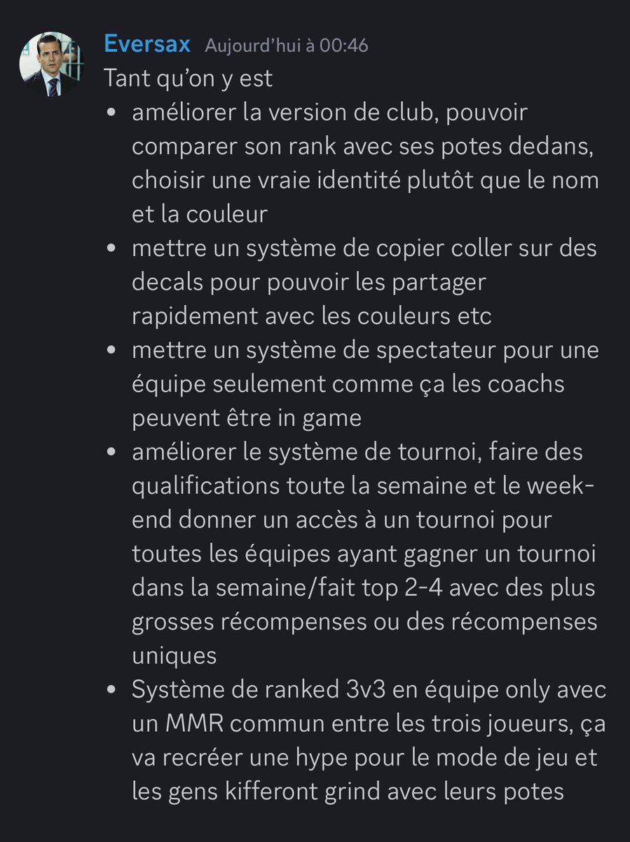 Je devais donner mes axes d’amélioration pour RL, je les partage ici aussi car on me pose souvent la question. Hésitez pas en-dessous du tweet à mettre vos idées/avis aussi. Peut-être qu’on arrivera à faire changer les choses un jour (giga copium)