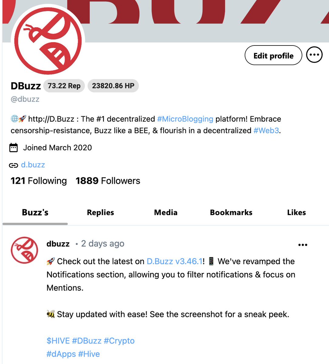 Enthusiastic to share the sleek &amp; user-friendly Profile Page of D.Buzz v3.46.1! 🐝  

Its minimalist design makes navigation intuitive &amp; straightforward.  

Kudos to our dedicated dev team for continuous innovation &amp; improvement. 🚀  

#Hive #DBuzz
<a href="/hiveblocks/">Hive</a>