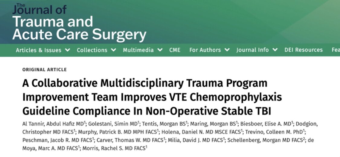 🚨 A multidisciplinary trauma PIPS team improves VTEp guideline compliance in stable TBI @rachelsmorris1 @MCWtraumaacs @MCWSurgResearch @JTraumAcuteSurg