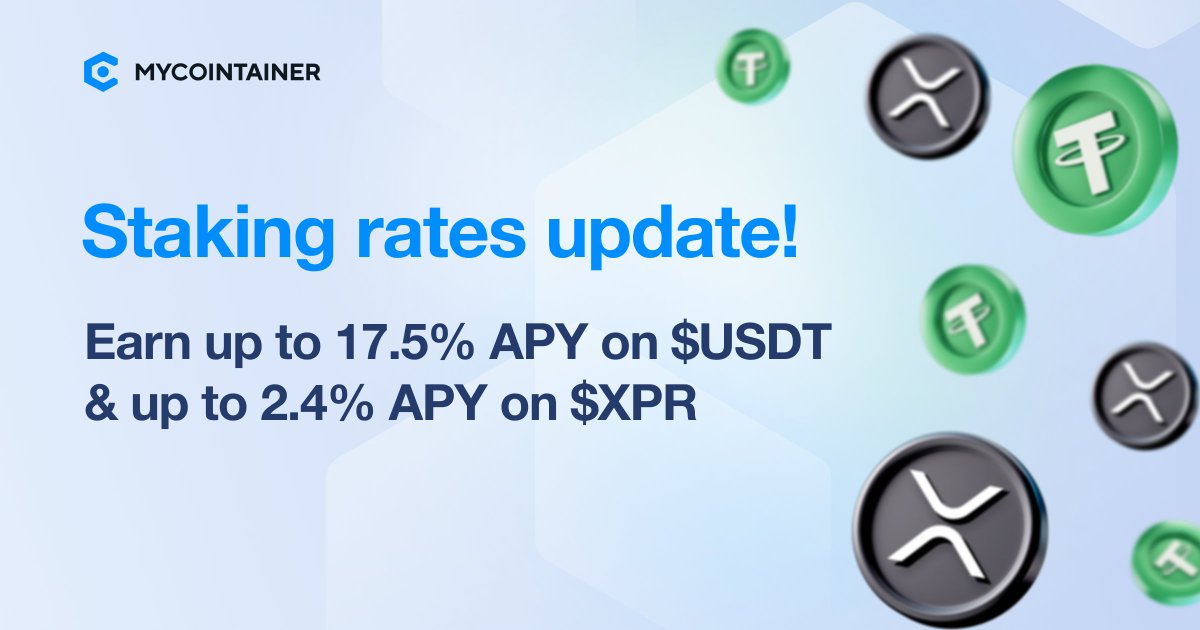 🚀 Exciting update! #MyCointainer has increased staking rates for USDT & XRP! 🎉 Start with a base APY of 15% for $USDT & 2% for $XRP, and boost up to 17.5% & 2.4% by staking $EARN. Deposit & stake now! 💰 mycointainer.com