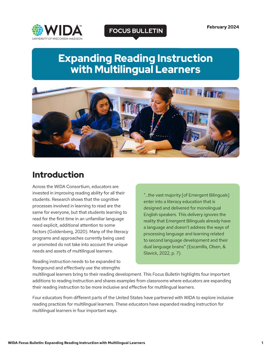 Check out our latest Focus Bulletin on reading instruction for MLs! You’ll hear from educators who have explored inclusive reading practices for multilingual learners, with examples from the classroom: wida.wisc.edu/resources/expa…