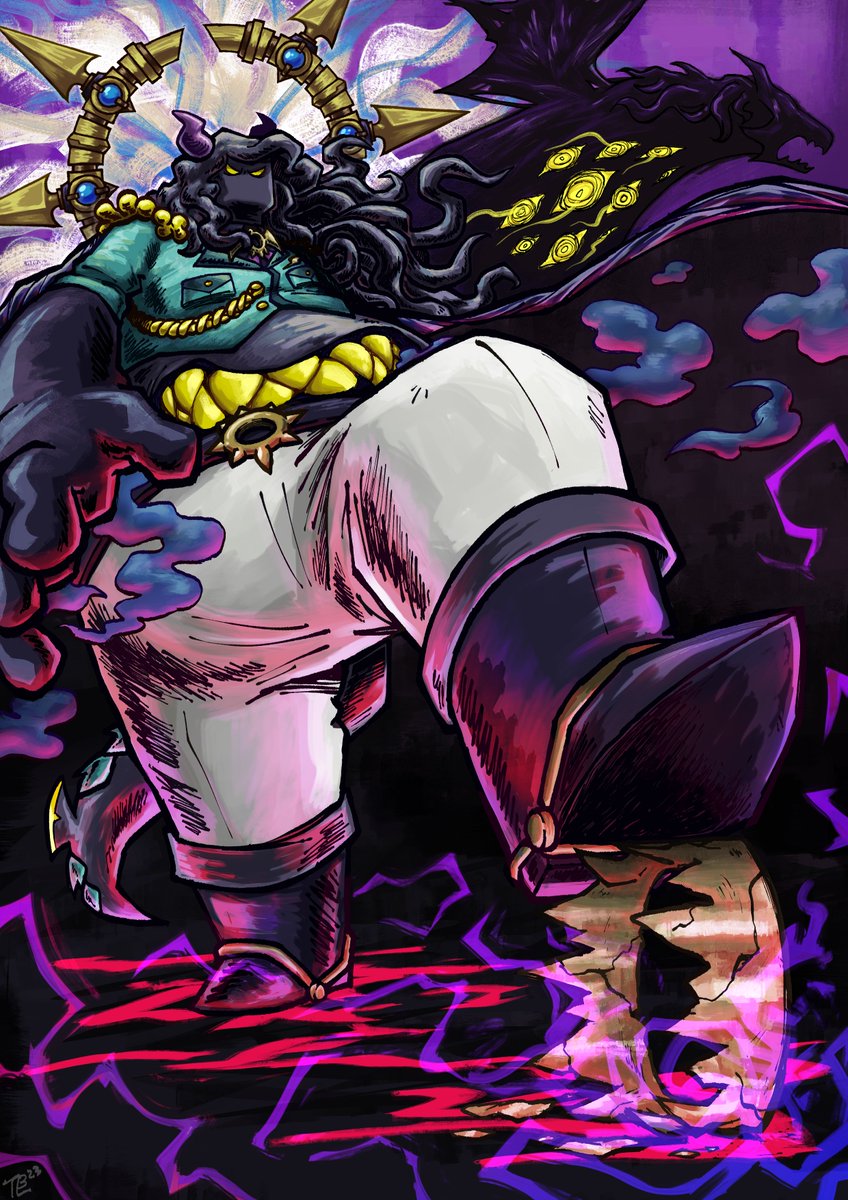 BACK AGAIN
notha zine piece!! for the <a href="/ATWCIZine/">As the World Caves in Zine</a> villains zine!
ive never done a full piece like this for something OC/non-fanart related, so this was special. glad i got the perfect chance!! :]