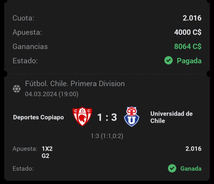 Antifrases90's tweet photo. Universidad de Chile gana 3-1 a Copiapó por el Torneo Nacional 🇨🇱🏆
2 apuestas ganadas 🟢🔥 #UDechile #Lau #Copiapo #Basay #Temblor #Apuestas #apuestasdeportivas #1XBET #Betano #rojabet #Tonybet #Novibet #tips #Leandrofernandez https://t.co/Xqr2HyQR1w
