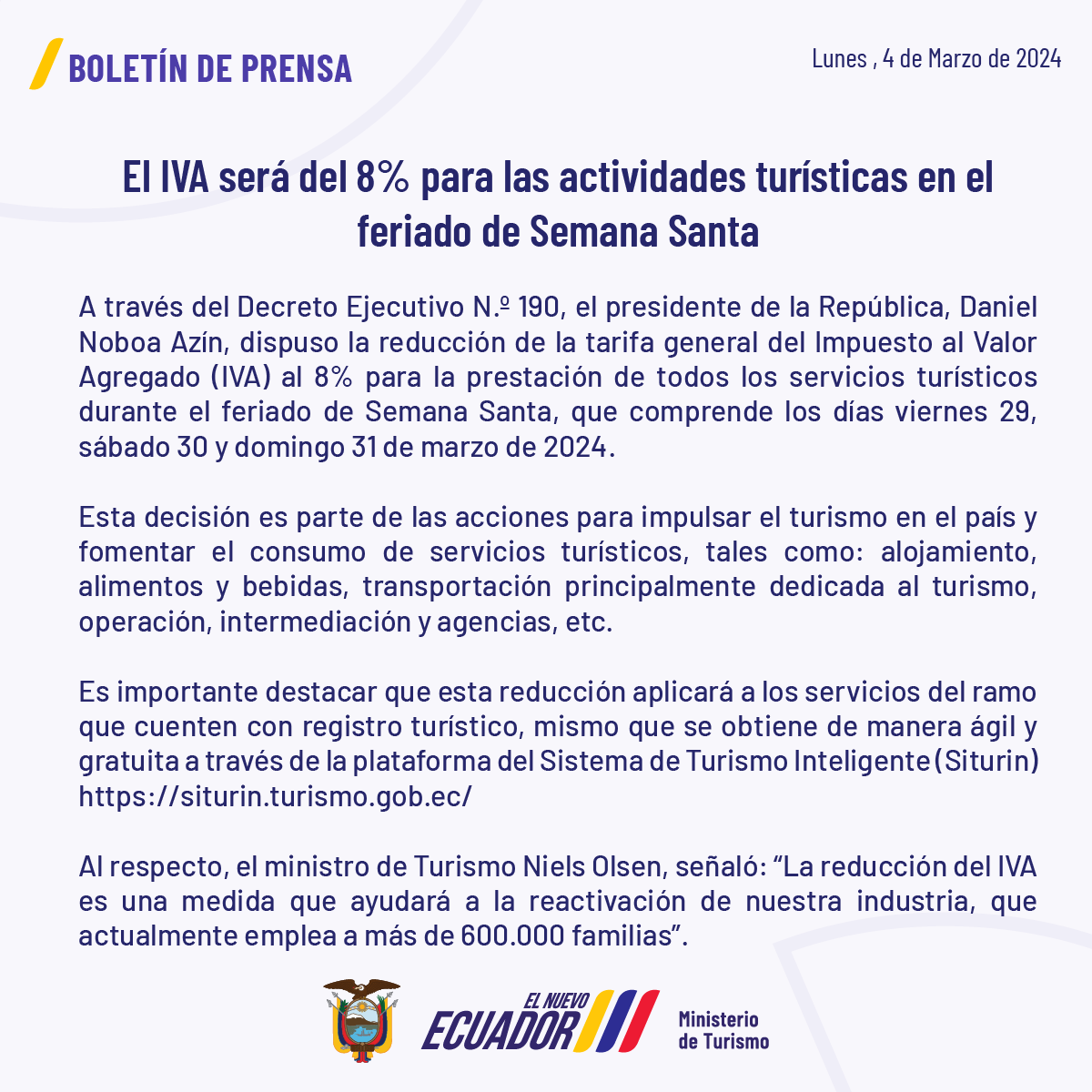 NielsOlsen's tweet photo. ¡El IVA se reducirá al 8% para todos los servicios turísticos durante el feriado! 

Semana Santa será la oportunidad perfecta para recorrer nuestro país y apoyar el turismo local. 

🗞️ https://t.co/vckrXRbTG1 https://t.co/K6a7mDkiYR