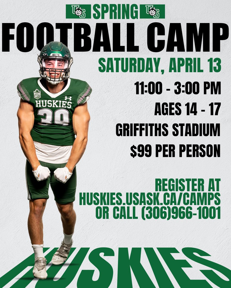 We’re going camping ⛺️ Join us Saturday, April 13th at Griffiths Stadium for our Spring Football Camp. Welcome to football players between 14-17 years old for just $99! For more information and to register visit huskies.usask.ca/camps or call 306-966-1001 #HuskiePride