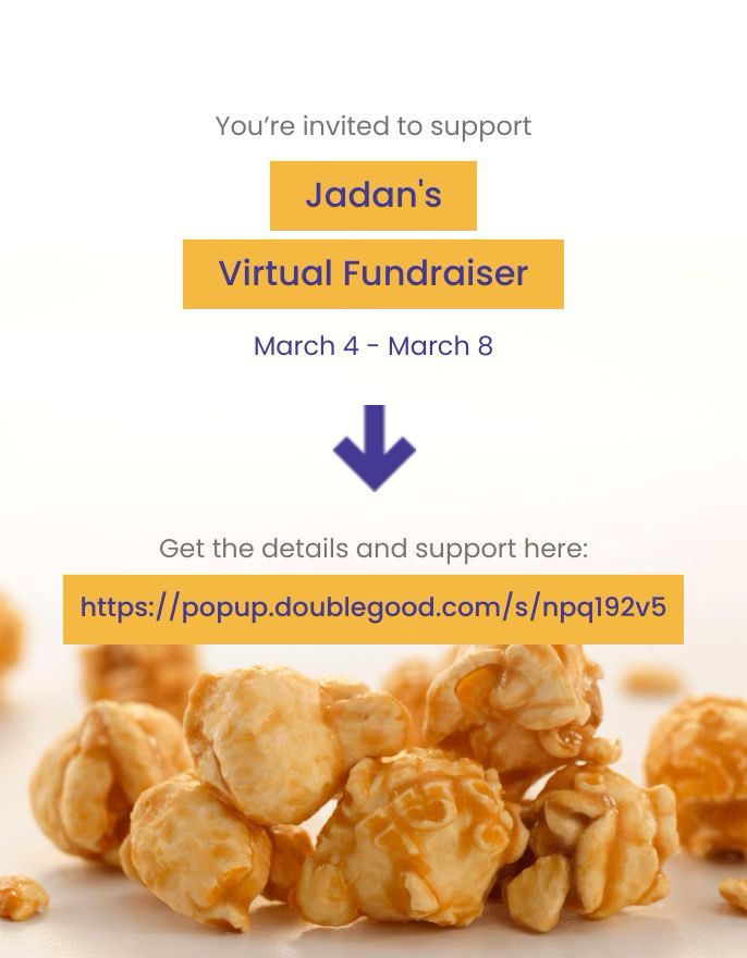 Hi! I’m doing a virtual fundraiser selling Double Good ultra-premium popcorn for 4 days from Monday, Mar 4 - Friday, Mar 8. Get all the details and support here: popup.doublegood.com/s/npq192v5