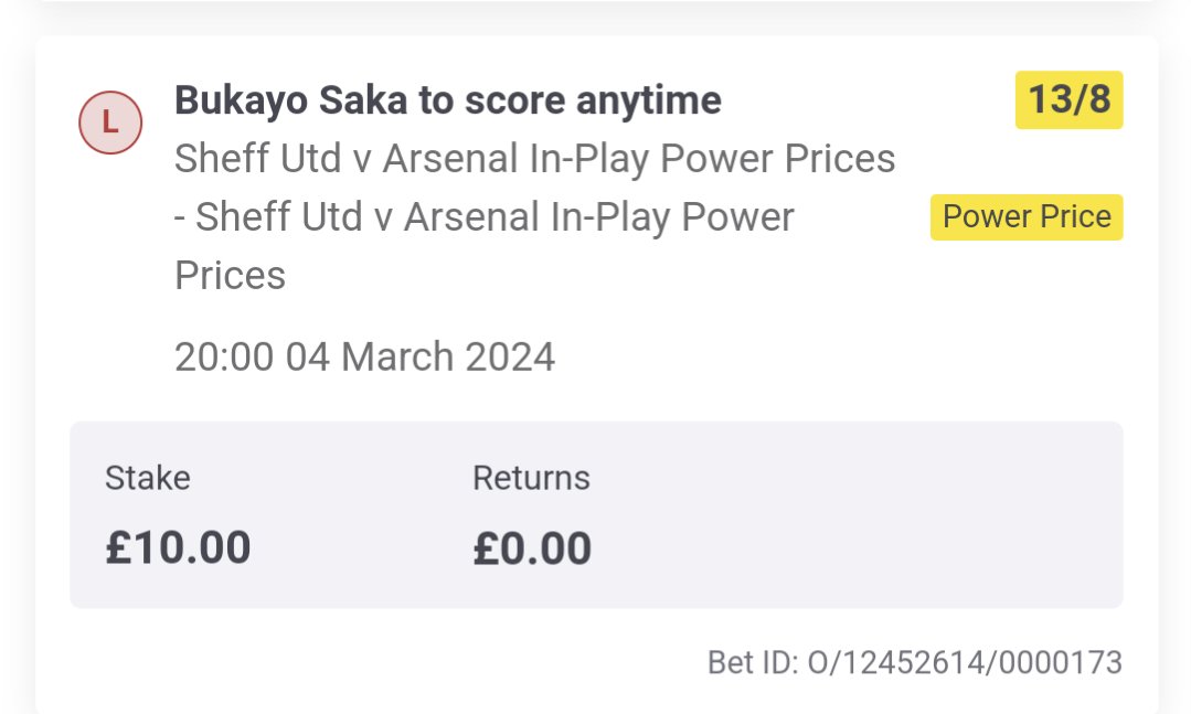 @AskPaddyPower surely this is a refund. Placed at half time and Saka was subbed before the teams came out for the 2nd half. Said L as soon as 2nd half had started